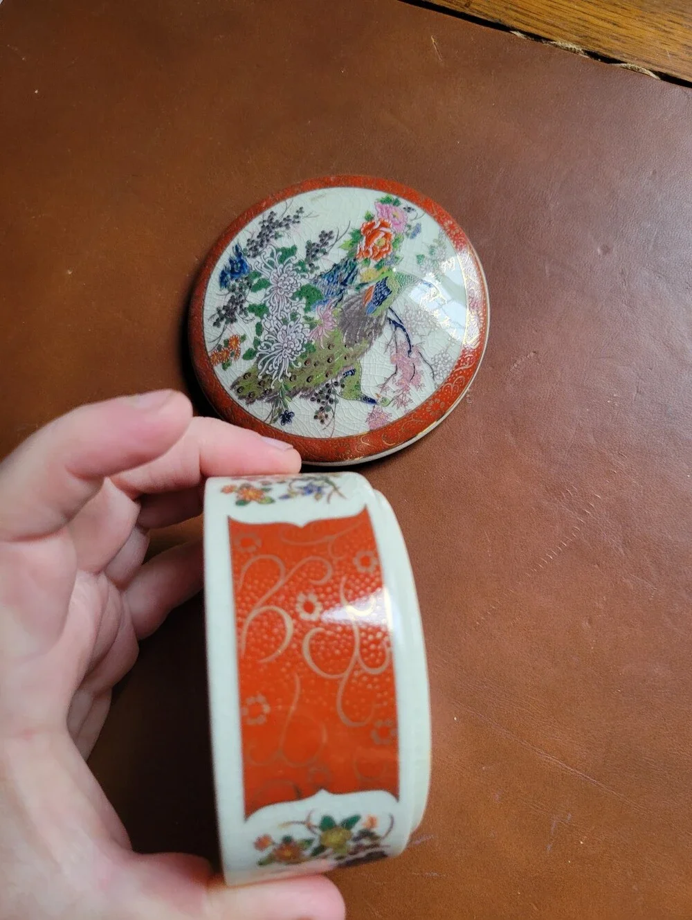 Vintage Japanese Satsuma Trinket Box Peacock Red Gold 3 3/4 in. diameter